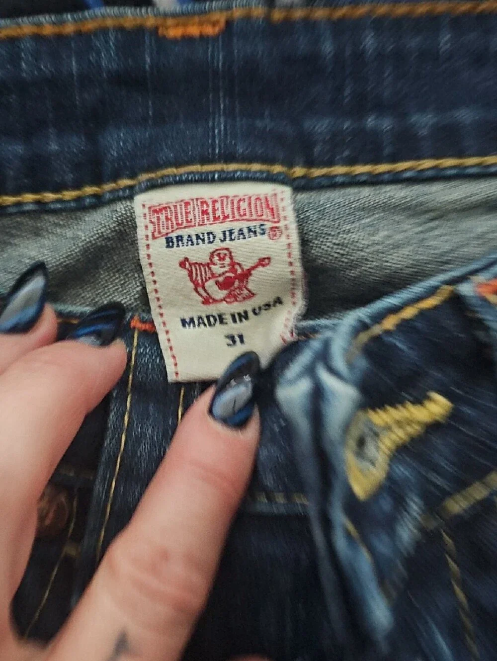 True Religion Dark Blue Boot Cut Jeans with Gold Stitching